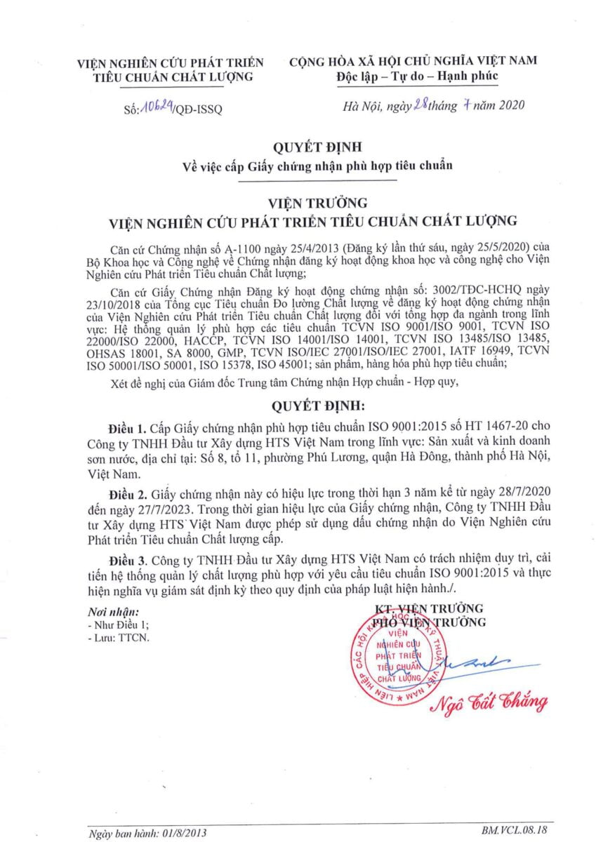 Giấy chứng nhận sản phẩm sơn HTS Paint