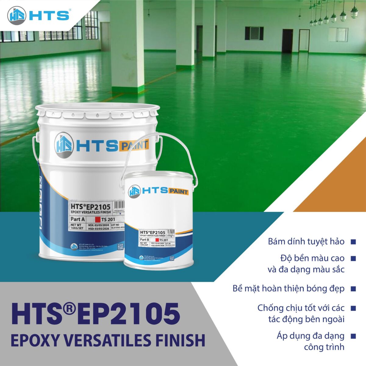  Hình ảnh sơn phủ Epoxy hệ lăn HTS® EP2105, sản phẩm sơn Epoxy đa năng gốc dầu, được phủ trực tiếp trên bề mặt bê tông cũ hoặc mới, mang lại bề mặt hoàn thiện có độ bóng cao, chống thấm và chống trơn trượt hiệu quả