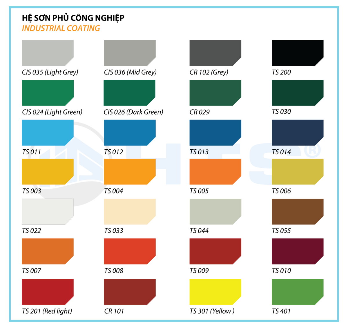 Bảng màu sơn công nghiệp thương hiệu HTS Paint với các tông màu tiêu chuẩn dành cho thi công công trình công nghiệp
