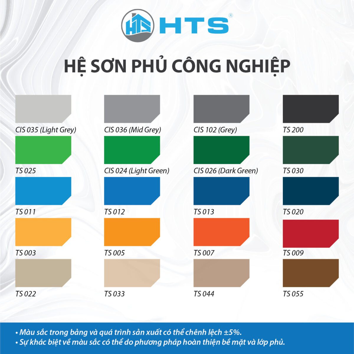 Bảng màu sơn Epoxy hệ lăn HTSpaint với nhiều tông màu bền đẹp, dễ phối cho sàn nhà xưởng và công trình