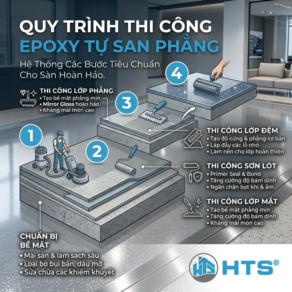 Quy trình thi công epoxy tự san phẳng gồm xử lý nền, sơn lót, phủ epoxy và hoàn thiện bề mặt sàn