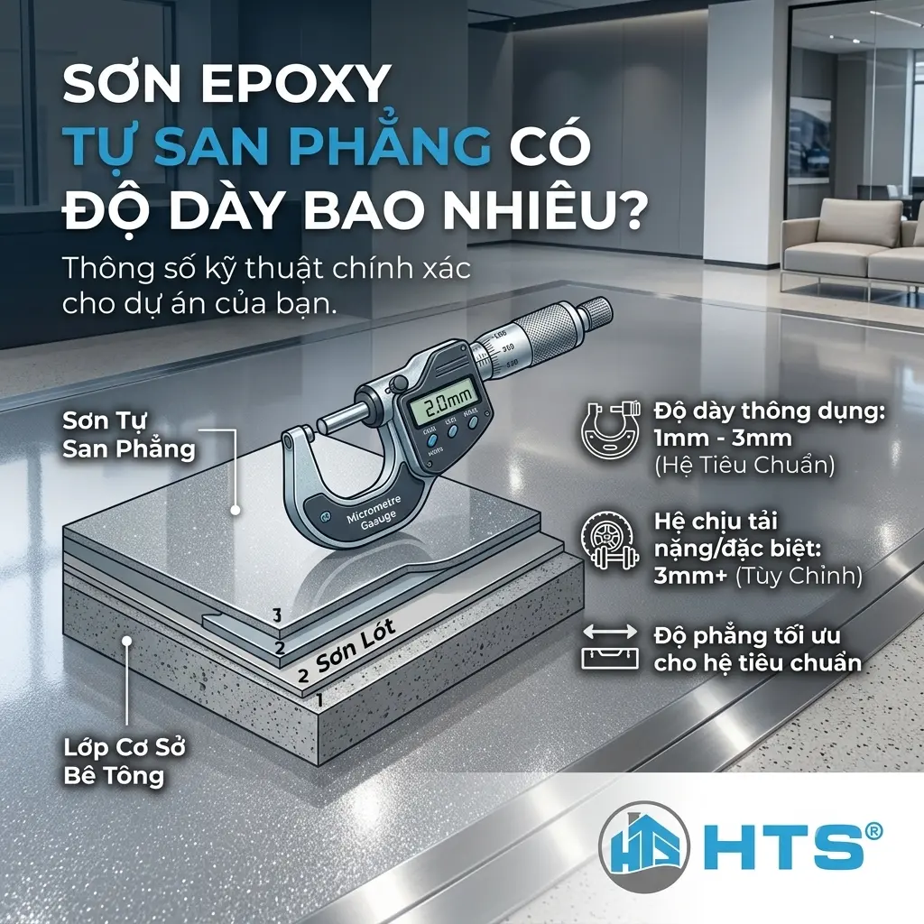 Độ dày sơn epoxy tự san phẳng được lựa chọn theo tải trọng và mục đích sử dụng của từng công trình