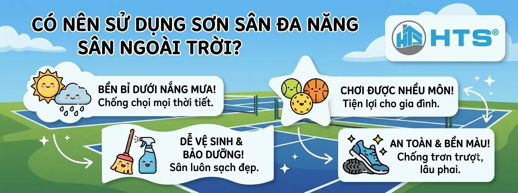 Sơn sân đa năng ngoài trời giúp hoàn thiện bề mặt, tăng độ bền và duy trì tính thẩm mỹ cho sân thể thao