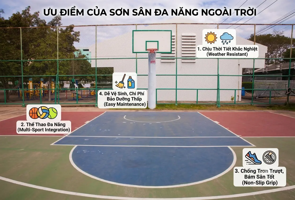 Sơn sân đa năng ngoài trời bền đẹp, chống thấm, chống trượt và chịu mài mòn tốt