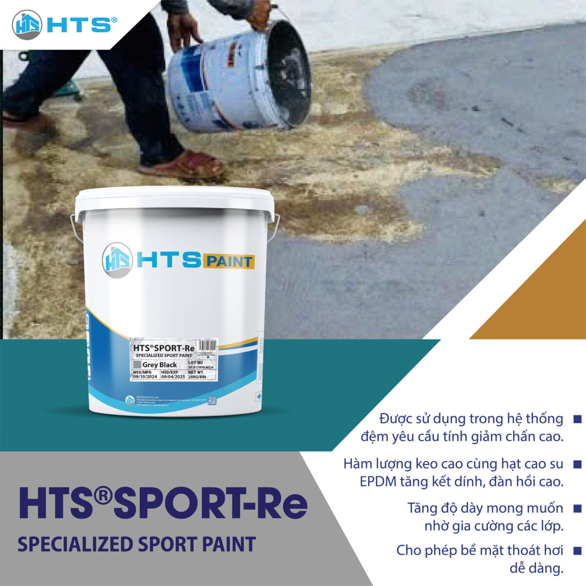 HTS®SPORT-Re – Lớp sơn đệm cao su cải tiến cho sàn thể thao, mang lại độ nảy bóng tối ưu, bám dính chắc chắn và độ đàn hồi vượt trội