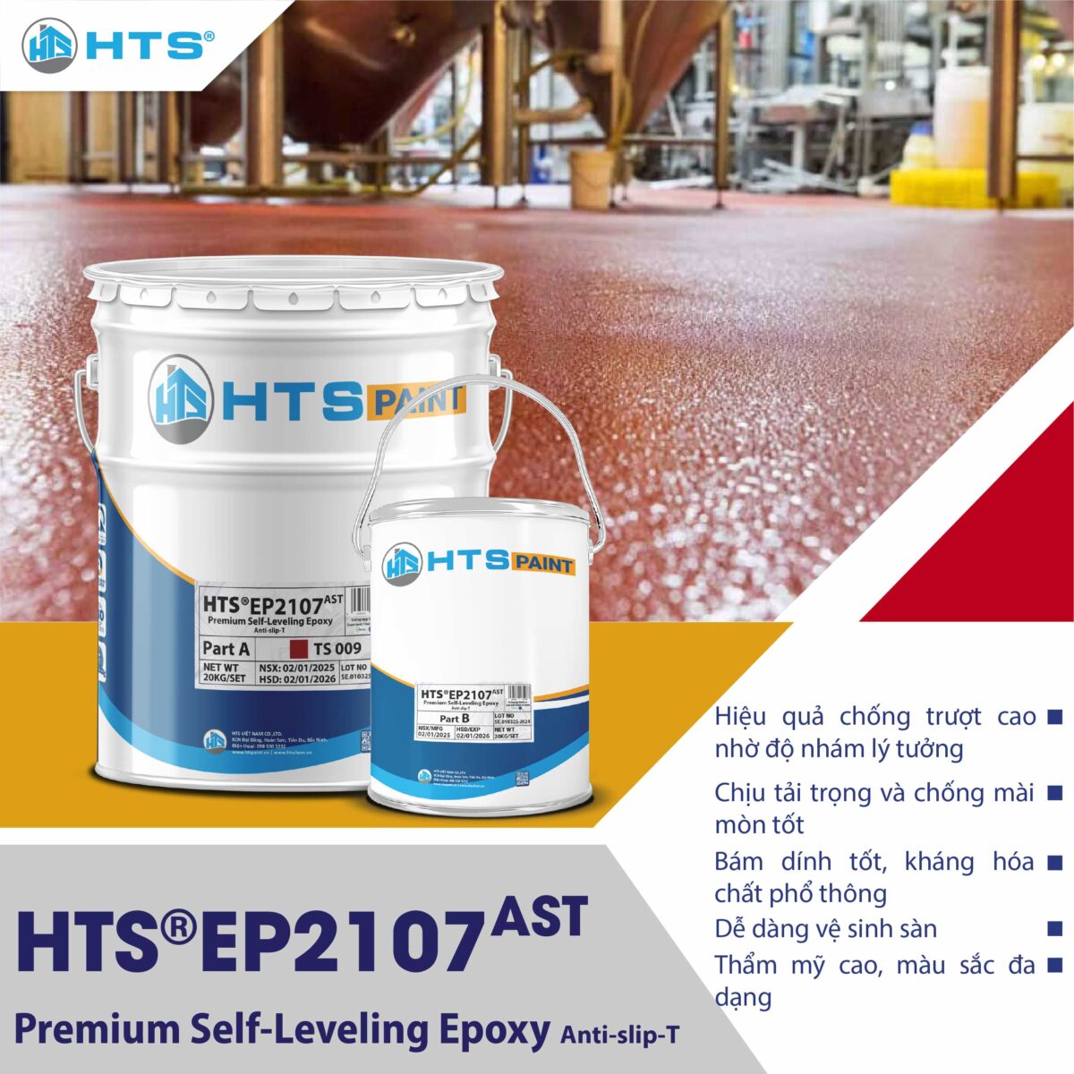 HTS®EP2107AST – Lớp phủ epoxy tự san cao cấp chống trượt, tăng độ bền và an toàn cho sàn nhà máy và kho vận