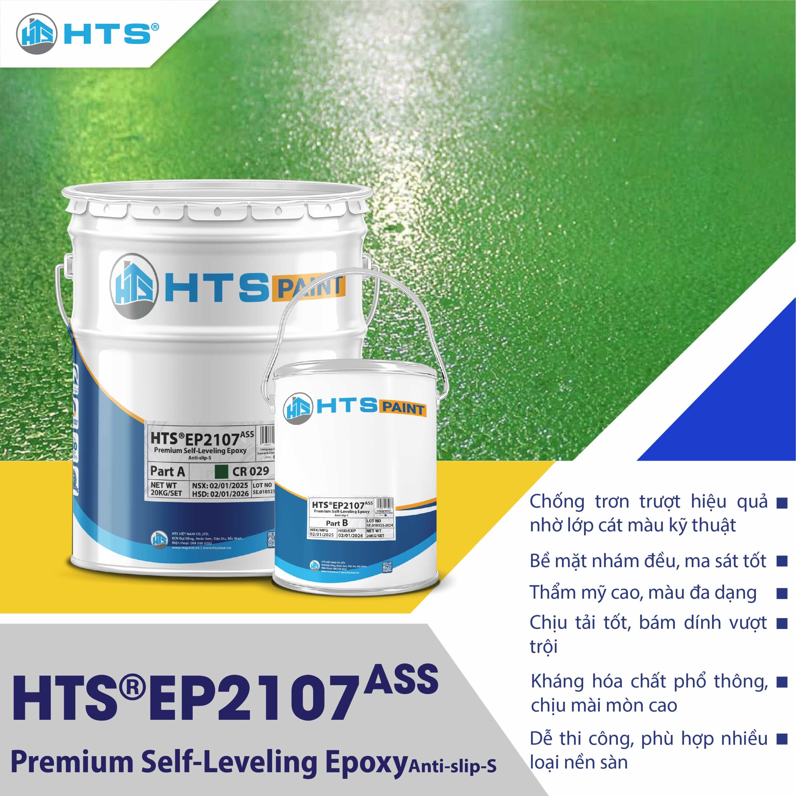 Sơn epoxy tự san chống trượt HTS®EP2107ASS – Bề mặt an toàn, độ bám vượt trội, lý tưởng cho nhà xưởng và gara