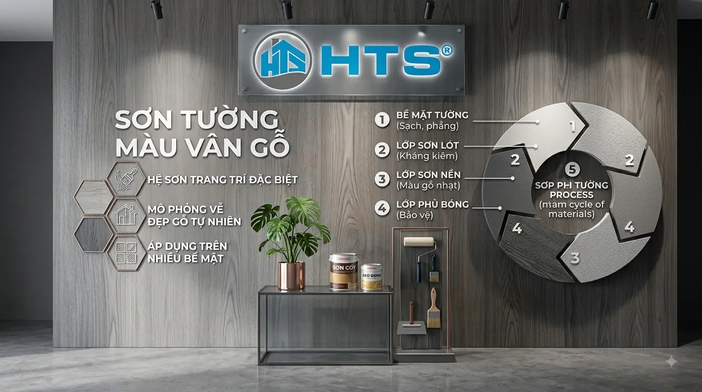 Sơn tường màu vân gỗ tạo hiệu ứng đường vân tự nhiên, mang đến vẻ đẹp ấm áp và sang trọng cho không gian