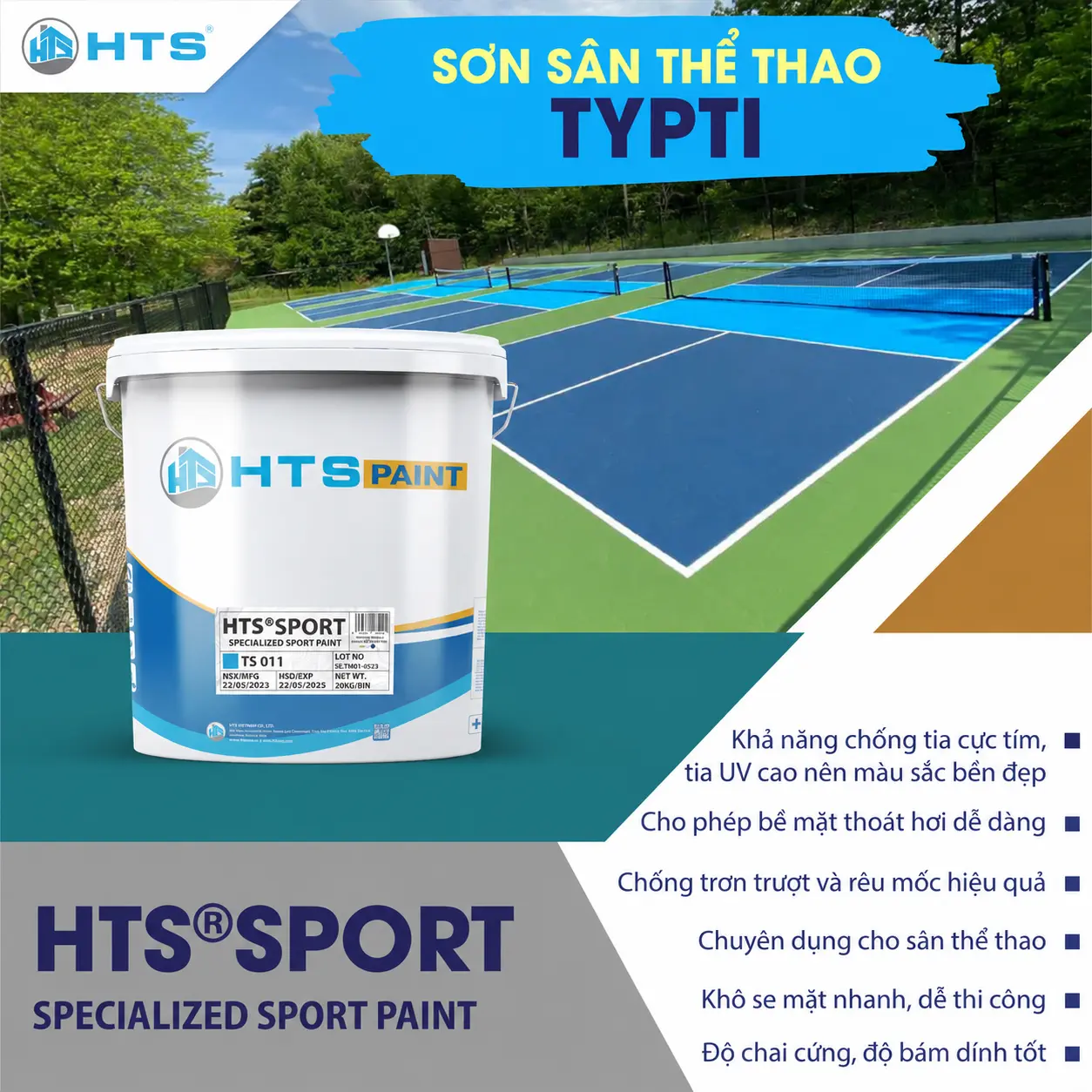 Hệ sơn sân TYPTI HTS® SPORT bền màu, chống trơn, bám dính tốt, chịu thời tiết, tối ưu cho sân thể thao