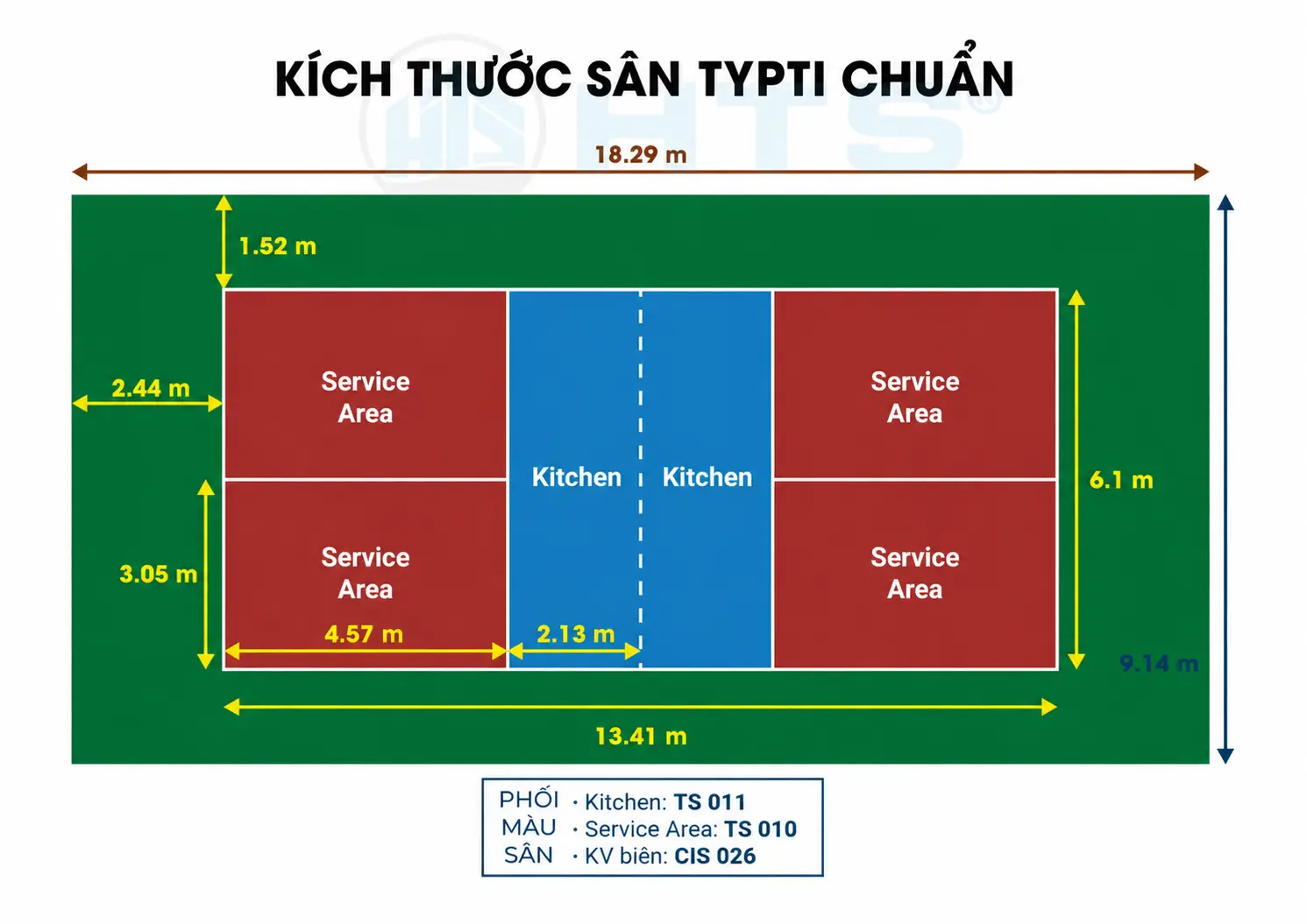 Kích thước sân TYPTI chuẩn quốc tế với chiều dài, chiều rộng và bố trí sân đúng tiêu chuẩn thi đấu