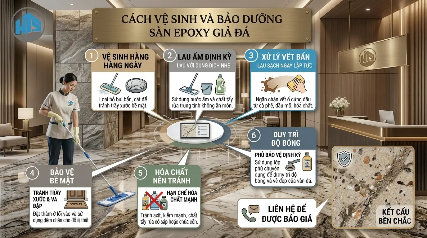 Vệ sinh và bảo dưỡng sàn epoxy giả đá đúng cách giúp duy trì độ bóng đẹp, hạn chế hư hỏng và kéo dài tuổi thọ bề mặt