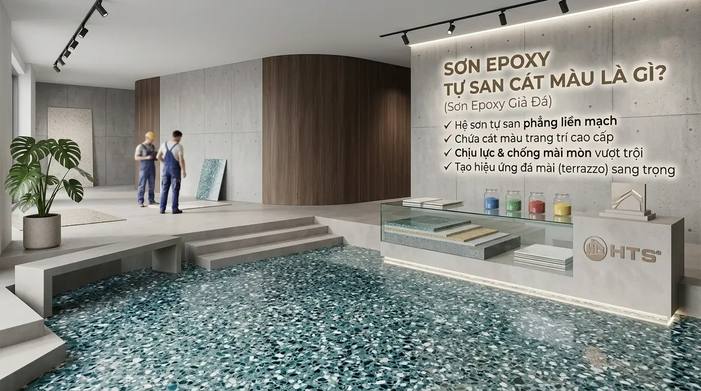Sơn epoxy tự san cát màu tạo bề mặt liền mạch, bền đẹp với hiệu ứng cát màu và khả năng trang trí giống đá tự nhiên