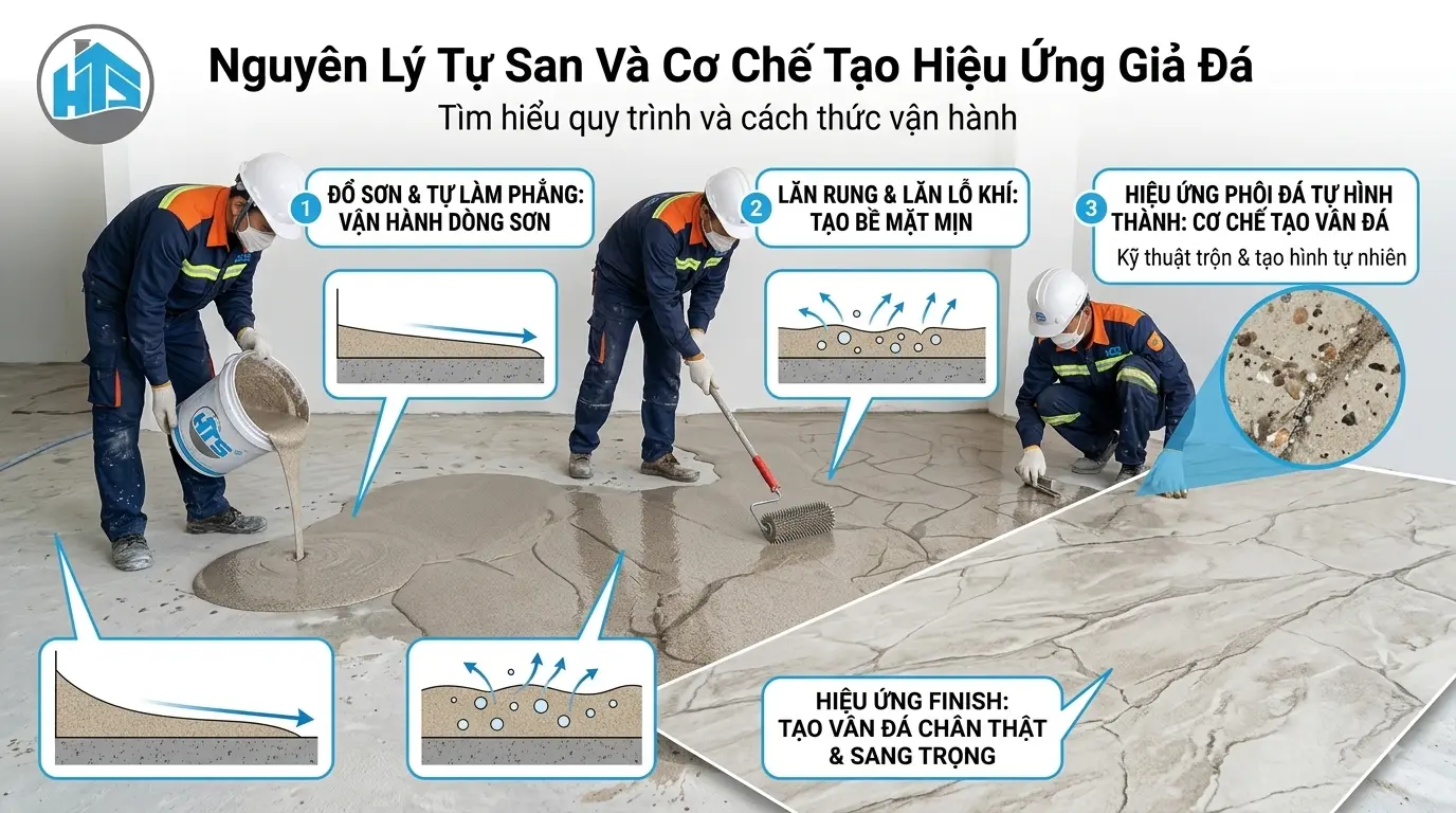 Nguyên lý tự san giúp vật liệu epoxy dàn đều trên bề mặt, kết hợp cát màu để tạo hiệu ứng giả đá tự nhiên
