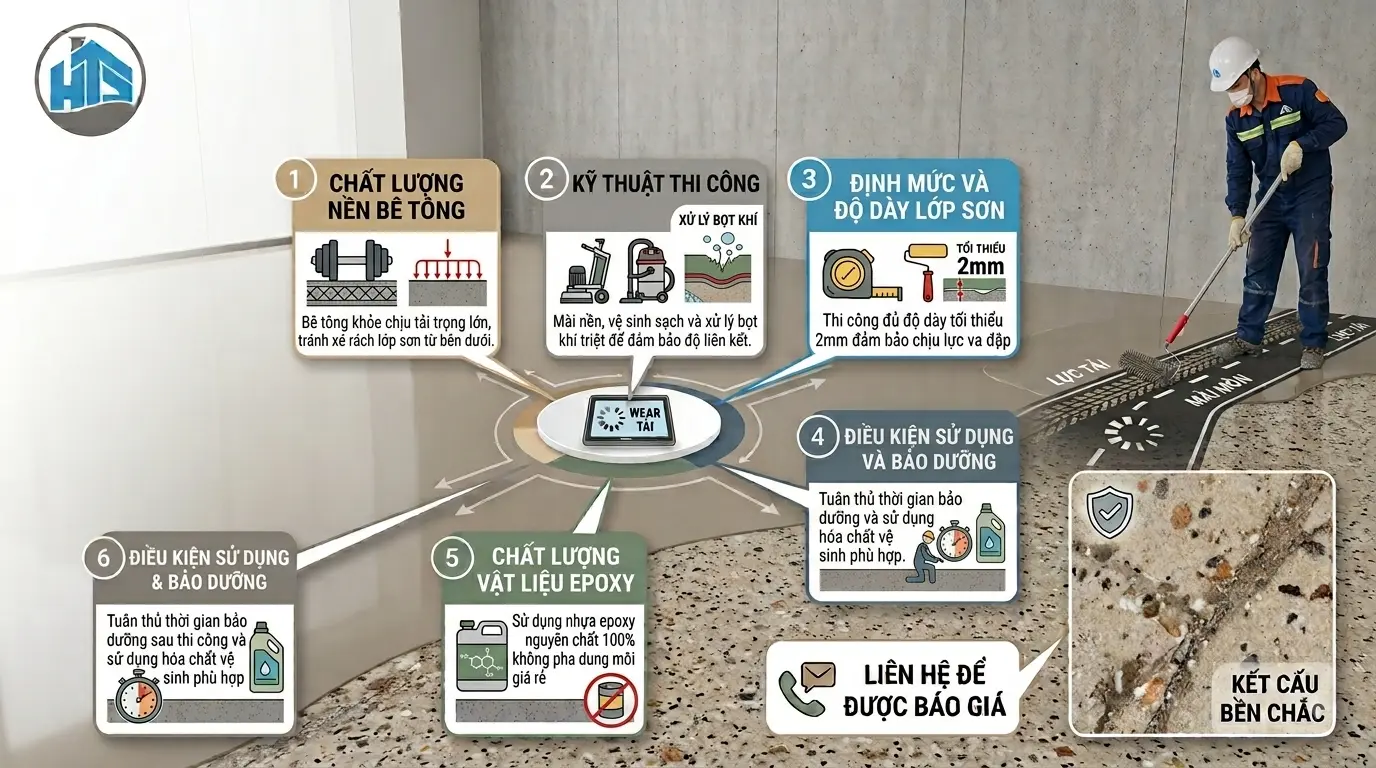 Độ bền của sàn epoxy tự san cát màu phụ thuộc vào chất lượng nền, vật liệu, độ dày và kỹ thuật thi công