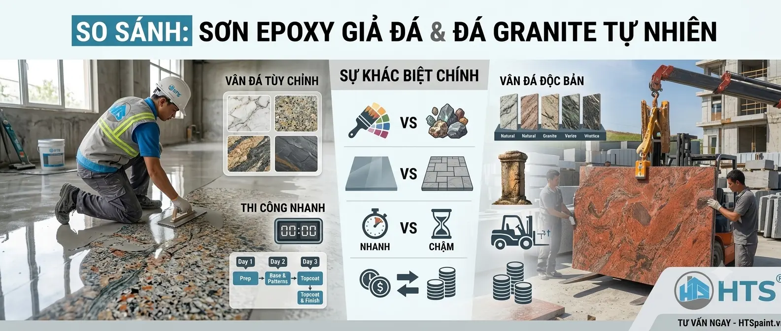 So sánh ưu nhược điểm của sơn epoxy giả đá và đá Granite về độ bền, thẩm mỹ và chi phí