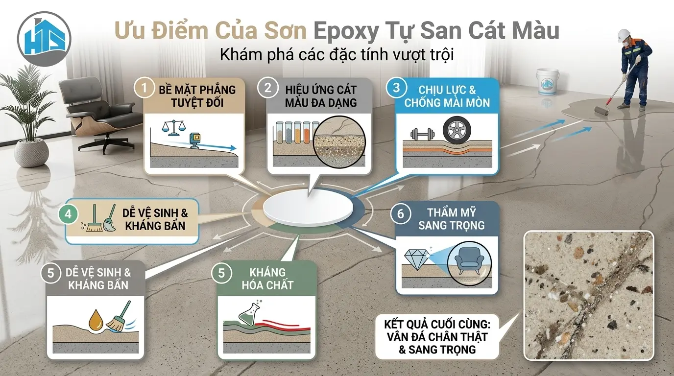Sơn epoxy tự san cát màu nổi bật với độ bền cao, bề mặt thẩm mỹ, chống mài mòn và dễ vệ sinh