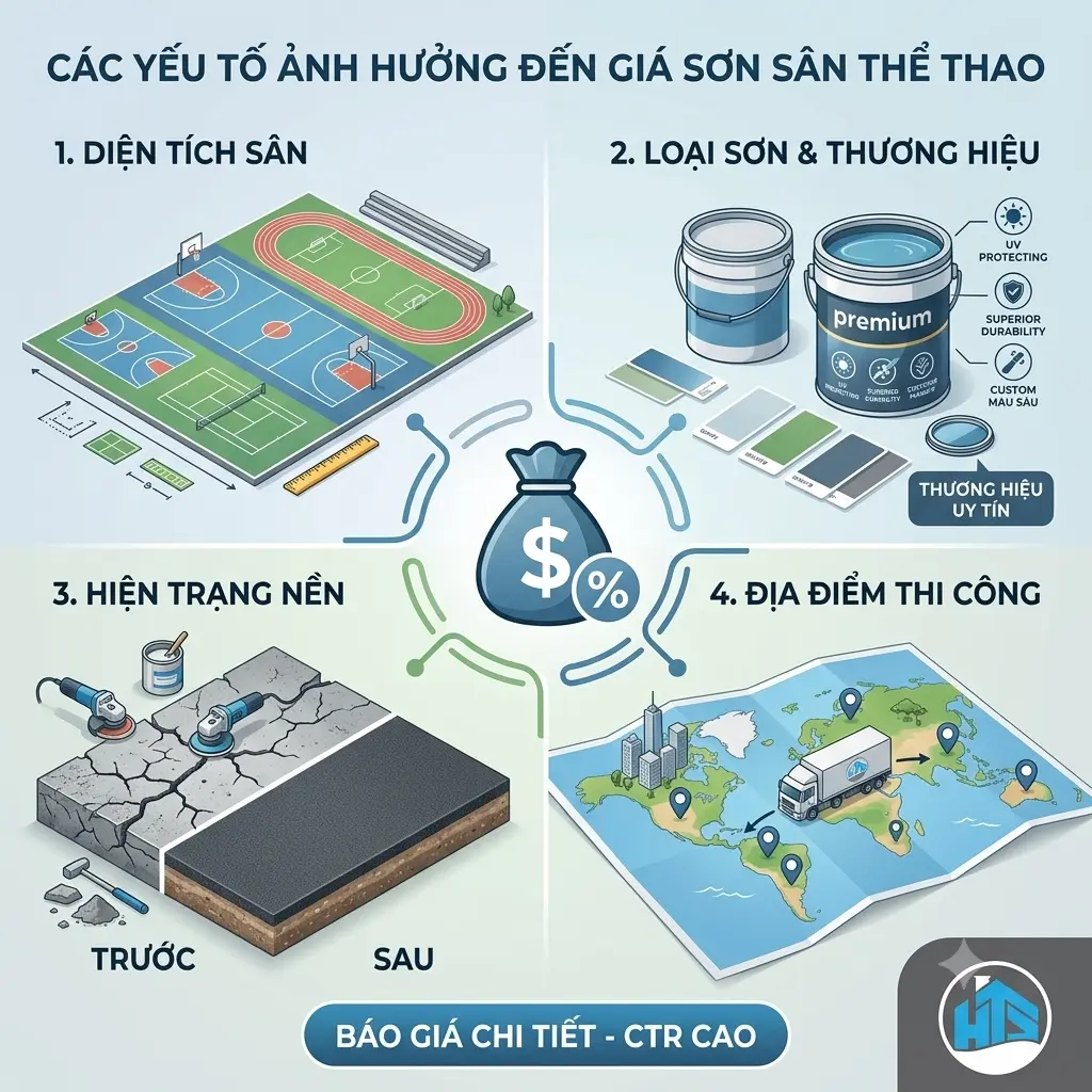 Các yếu tố ảnh hưởng đến giá sơn sân thể thao như diện tích, loại sơn, chất lượng vật liệu và điều kiện mặt sân