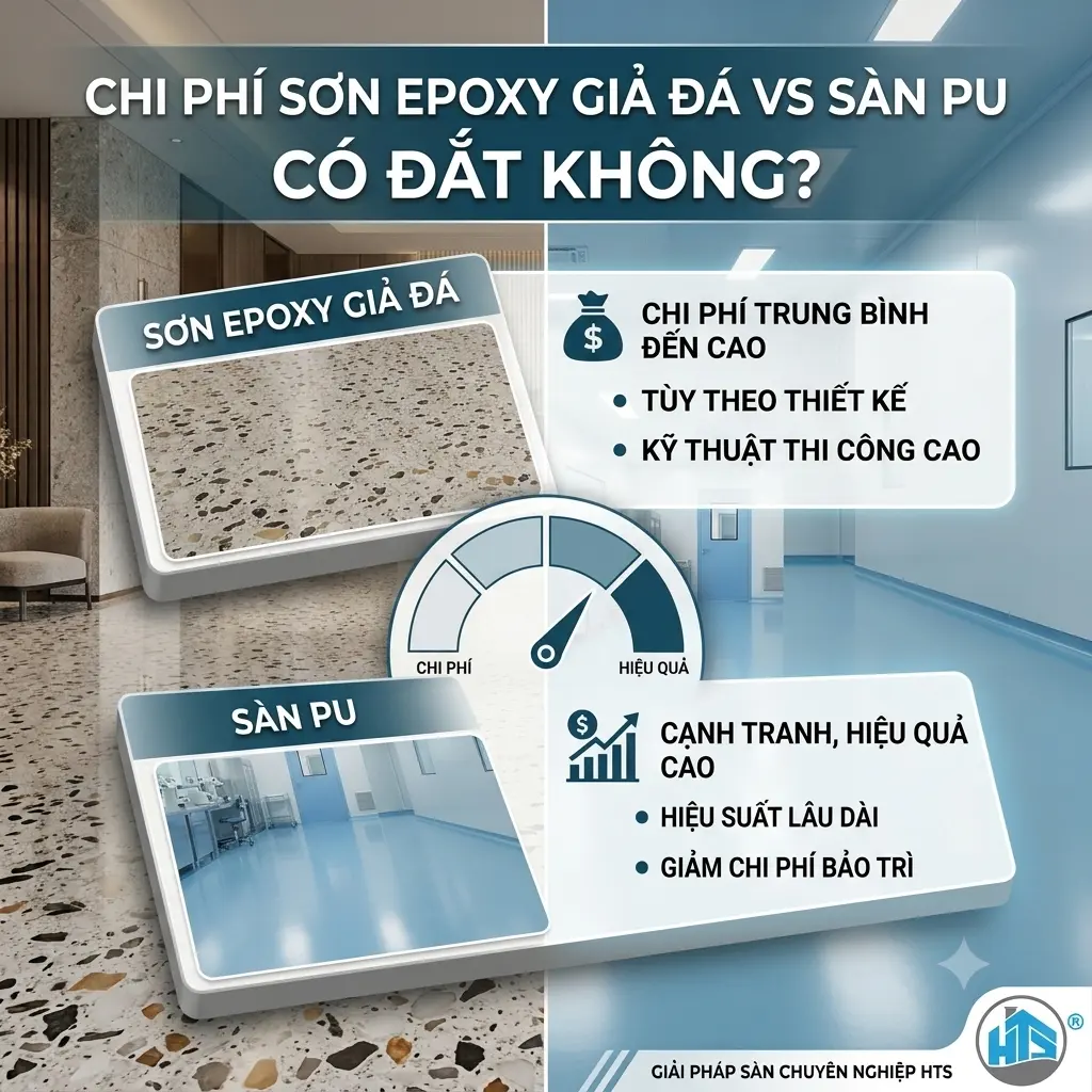 Chi phí sơn Epoxy giả đá và sàn PU phụ thuộc vào vật liệu, diện tích, cấu tạo sàn và yêu cầu hoàn thiện