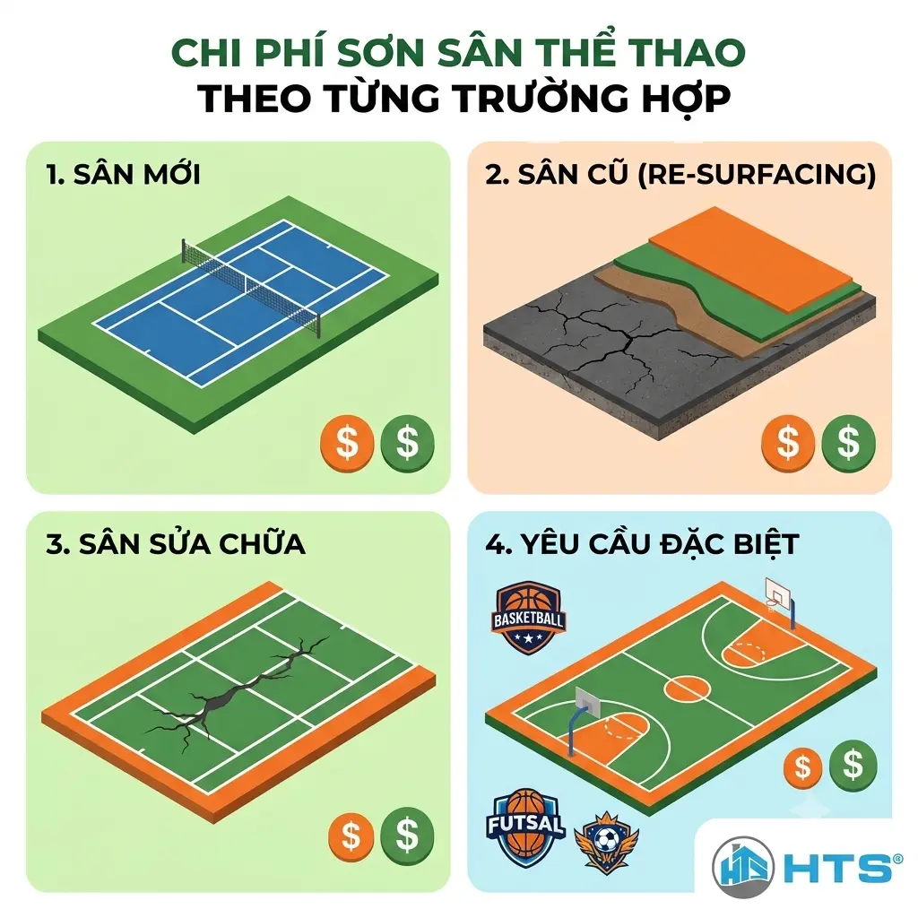 Chi phí sơn sân thể thao thay đổi theo diện tích, loại sân, tình trạng bề mặt và yêu cầu hoàn thiện