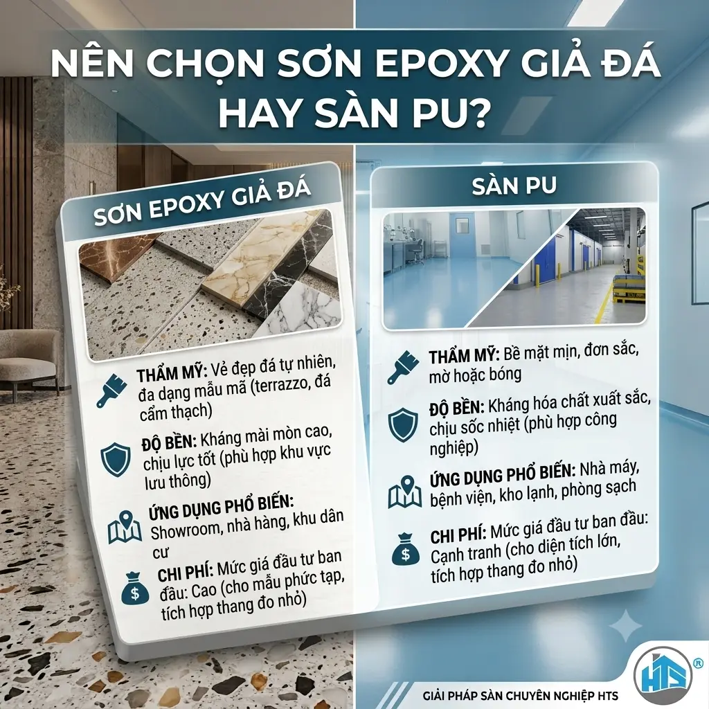Nên chọn sơn Epoxy giả đá hay sàn PU dựa trên nhu cầu sử dụng, độ bền, tính thẩm mỹ và điều kiện thực tế của công trình