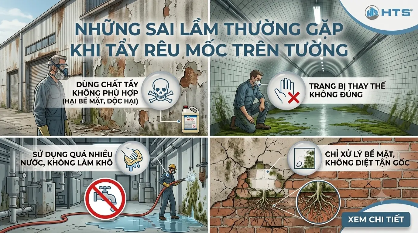 Những sai lầm thường gặp khi xử lý rêu mốc có thể làm giảm hiệu quả làm sạch và ảnh hưởng đến bề mặt tường