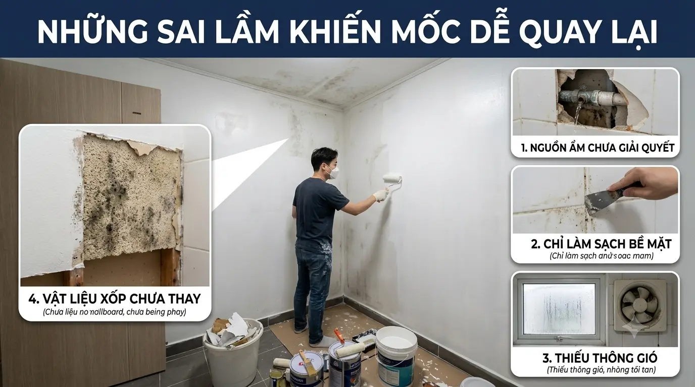 Những sai lầm khi xử lý tường mốc có thể khiến tình trạng ẩm mốc nhanh chóng quay trở lại
