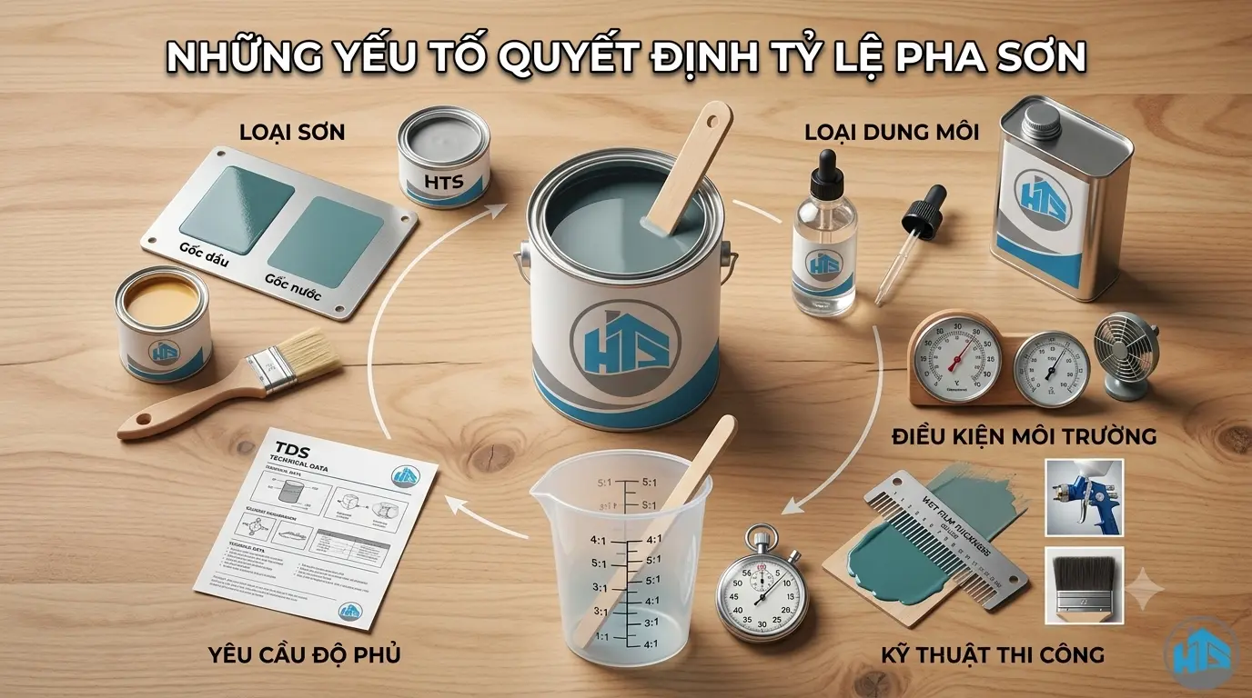 Tỷ lệ pha sơn phụ thuộc vào loại sơn, dung môi sử dụng, phương pháp thi công và điều kiện môi trường