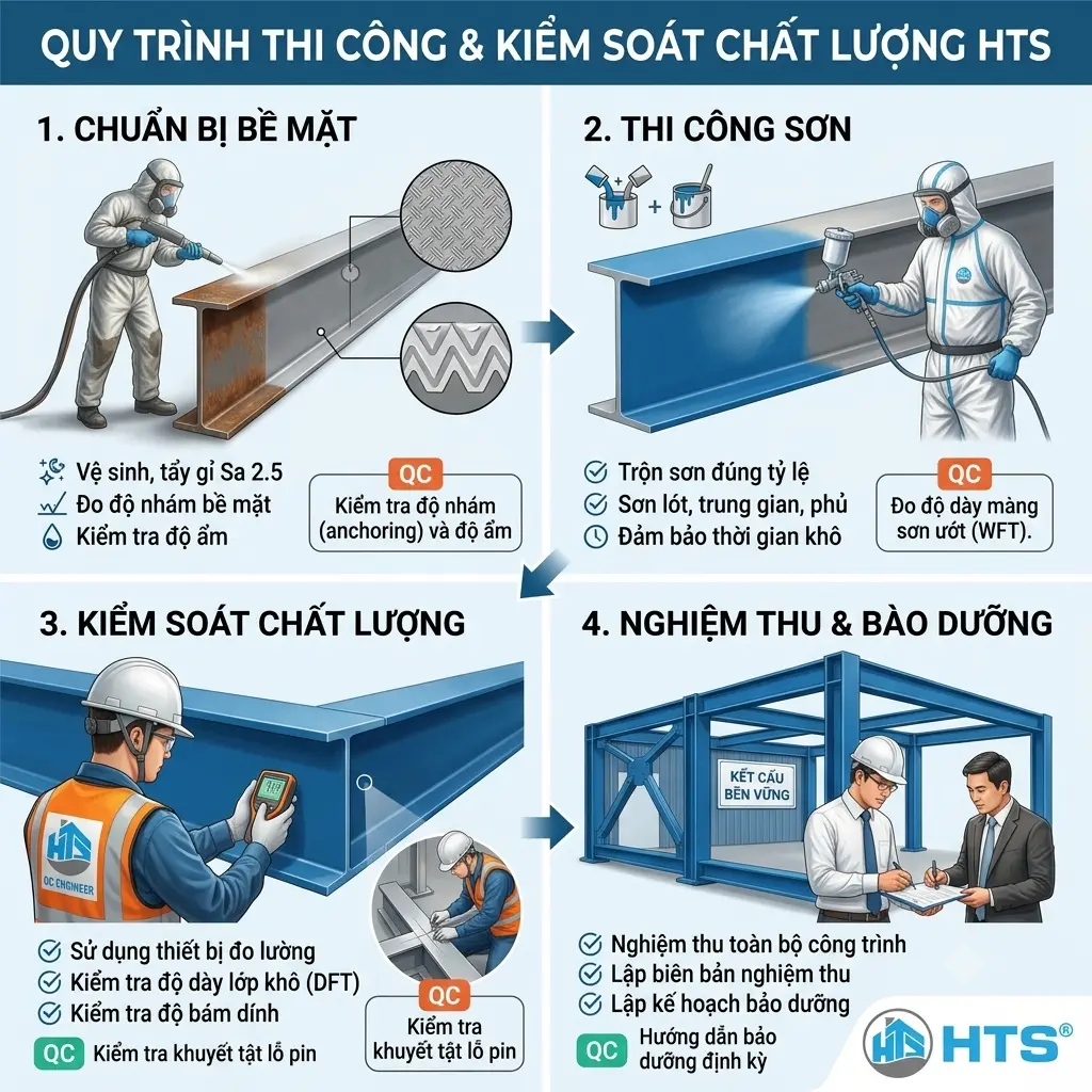 Quy trình thi công sơn chống rỉ kết cấu thép và các bước kiểm soát chất lượng giúp lớp sơn đạt độ bền cao