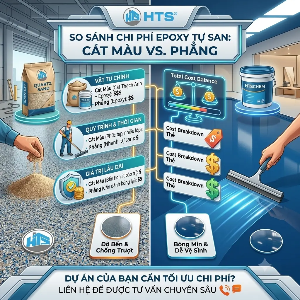 So sánh chi phí thi công epoxy tự san cát màu và epoxy tự san phẳng cho các loại sàn