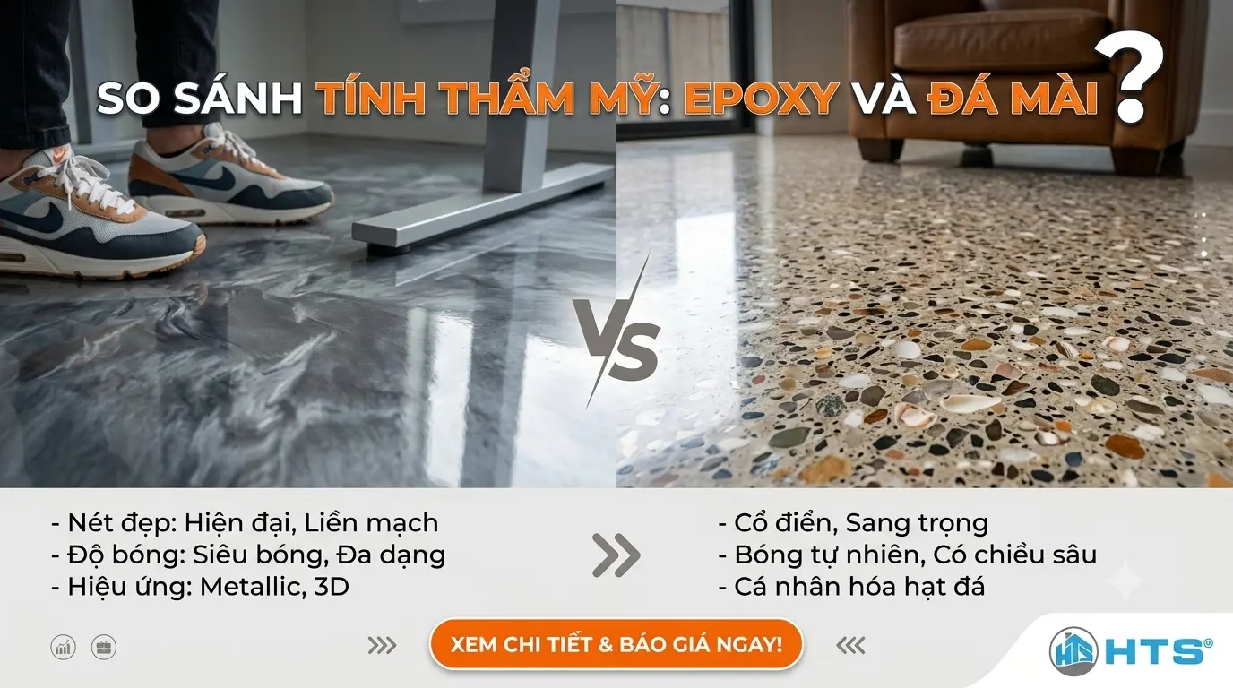 So sánh tính thẩm mỹ của sơn Epoxy và đá mài qua màu sắc, họa tiết và khả năng tạo điểm nhấn cho không gian