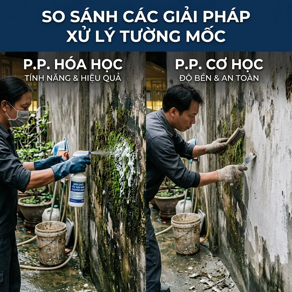 So sánh các giải pháp xử lý tường mốc giúp lựa chọn phương pháp phù hợp với mức độ và tình trạng bề mặt
