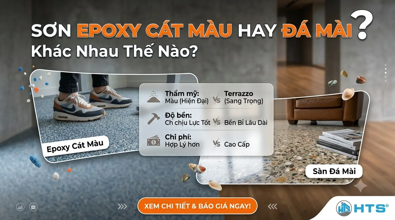 Sơn Epoxy cát màu và đá mài có sự khác biệt về thẩm mỹ, độ bền, chi phí và cách thi công