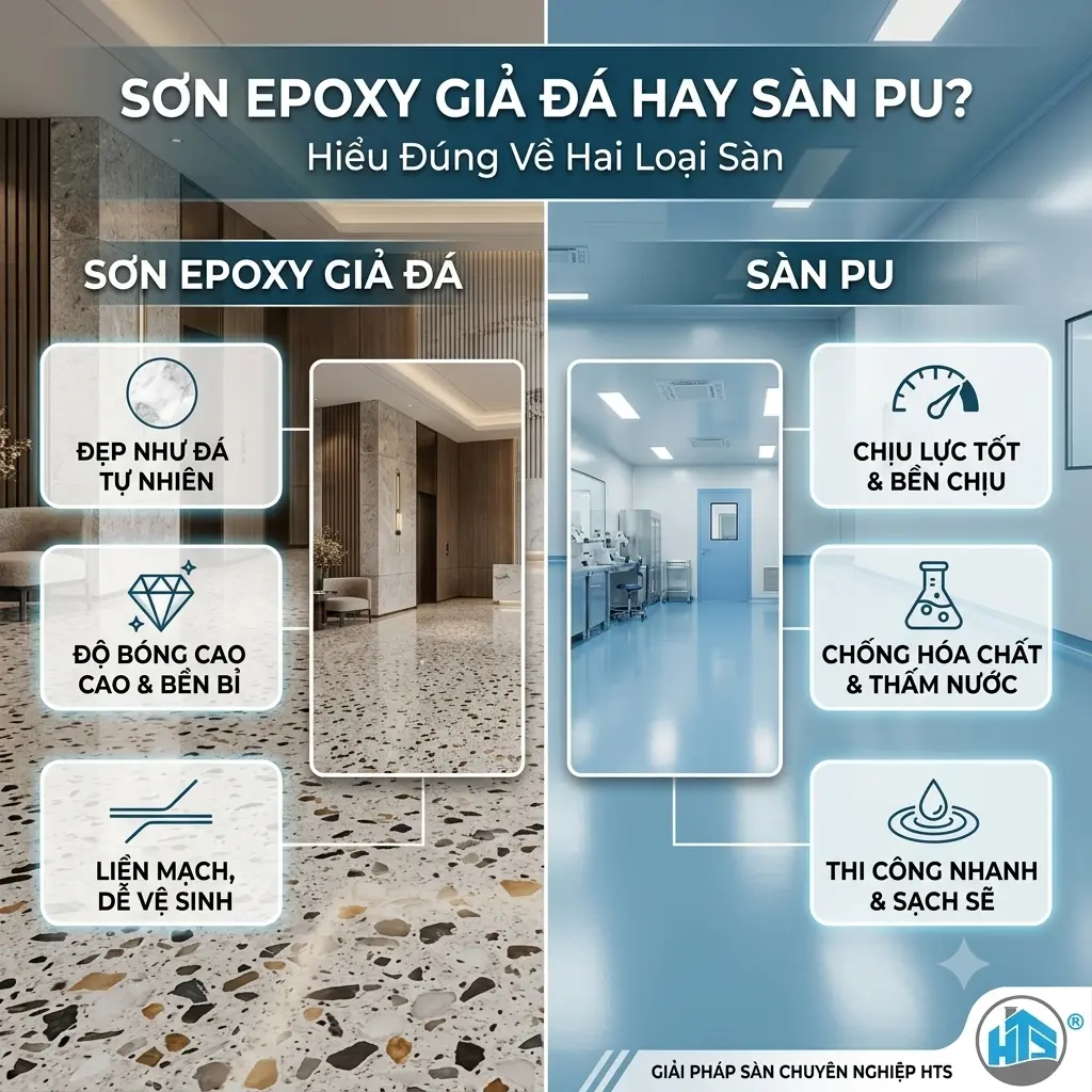 Sơn Epoxy giả đá và sàn PU có đặc tính, thẩm mỹ và ứng dụng khác nhau, phù hợp với từng nhu cầu sử dụng