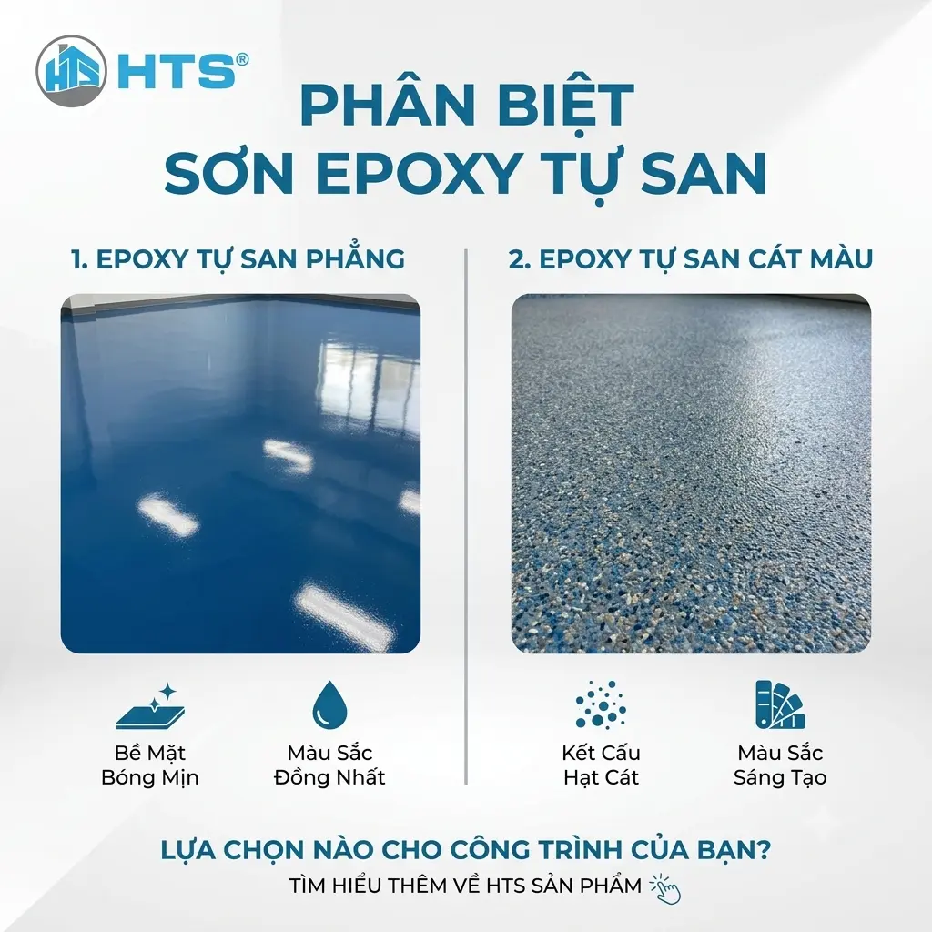 So sánh sơn epoxy tự san cát màu và epoxy tự san phẳng trong thi công sàn trang trí