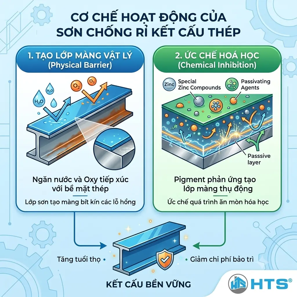 Cơ chế hoạt động của sơn chống rỉ kết cấu thép trong việc bảo vệ bề mặt thép khỏi tác động của môi trường