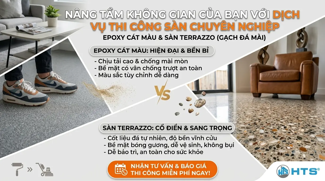 Thi công sơn Epoxy cát màu và sàn đá mài cần đúng kỹ thuật để đảm bảo độ bền và tính thẩm mỹ
