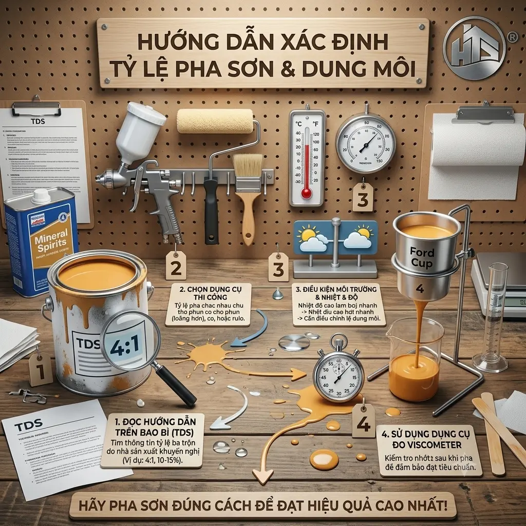 Tỷ lệ pha sơn với dung môi phụ thuộc vào loại sơn, dung môi và yêu cầu thi công thực tế