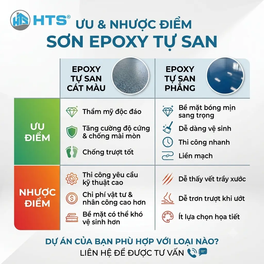 So sánh ưu nhược điểm của epoxy tự san cát màu và epoxy tự san phẳng