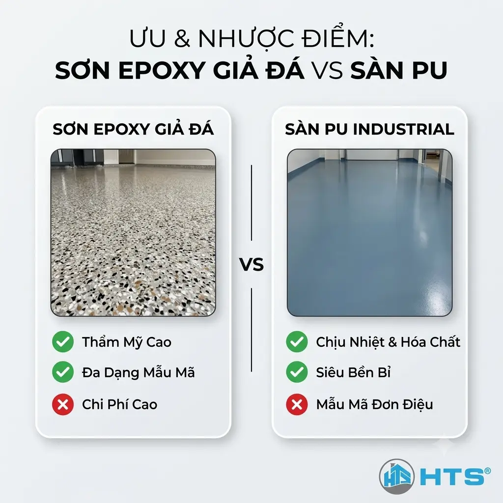 Sơn Epoxy giả đá và sàn PU có những ưu nhược điểm khác nhau về độ bền, thẩm mỹ, khả năng chịu tải và ứng dụng