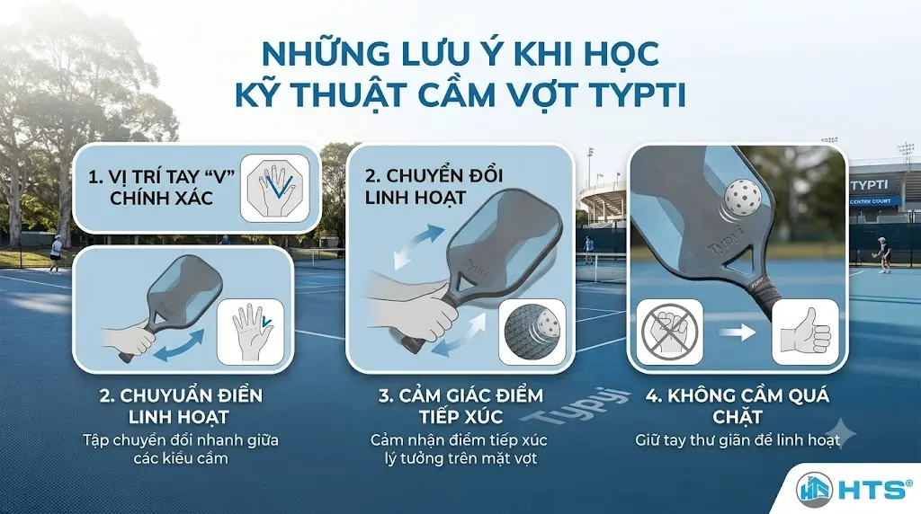 Những lưu ý khi học kỹ thuật cầm vợt Typti giúp người chơi cầm vợt đúng cách, kiểm soát bóng tốt và hạn chế lỗi khi thi đấu