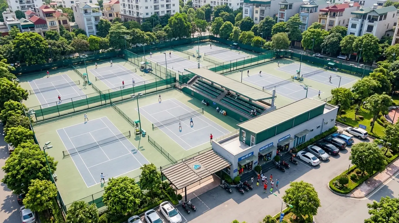 Tổng quan sân tennis Quan Hoa Cầu Giấy với khu vực sân và mặt sân thể thao